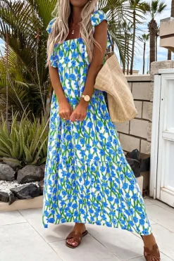 Fashion Dear-Lover Floral Print Square Neck Ruffled Strap Maxi Dress Blue