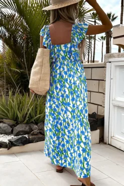 Fashion Dear-Lover Floral Print Square Neck Ruffled Strap Maxi Dress Blue