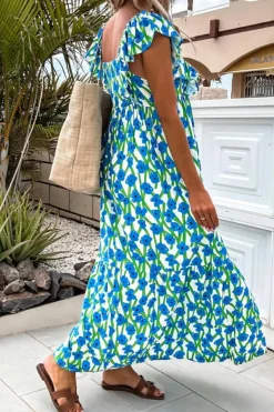 Fashion Dear-Lover Floral Print Square Neck Ruffled Strap Maxi Dress Blue