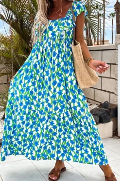 Fashion Dear-Lover Floral Print Square Neck Ruffled Strap Maxi Dress Blue