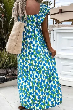 Fashion Dear-Lover Floral Print Square Neck Ruffled Strap Maxi Dress Blue