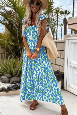 Fashion Dear-Lover Floral Print Square Neck Ruffled Strap Maxi Dress Blue