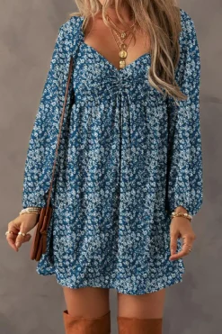 New Dear-Lover Floral Print Sweetheart Neck Shirred Back Mini Dress Blue