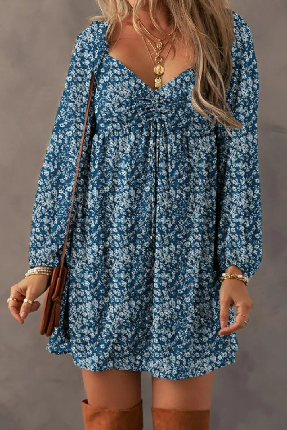 New Dear-Lover Floral Print Sweetheart Neck Shirred Back Mini Dress Blue