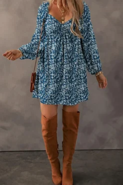 New Dear-Lover Floral Print Sweetheart Neck Shirred Back Mini Dress Blue