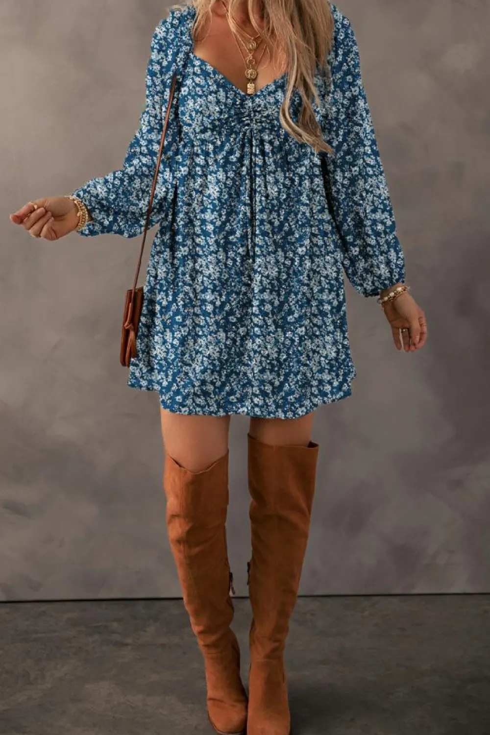 New Dear-Lover Floral Print Sweetheart Neck Shirred Back Mini Dress Blue