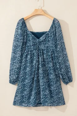 New Dear-Lover Floral Print Sweetheart Neck Shirred Back Mini Dress Blue