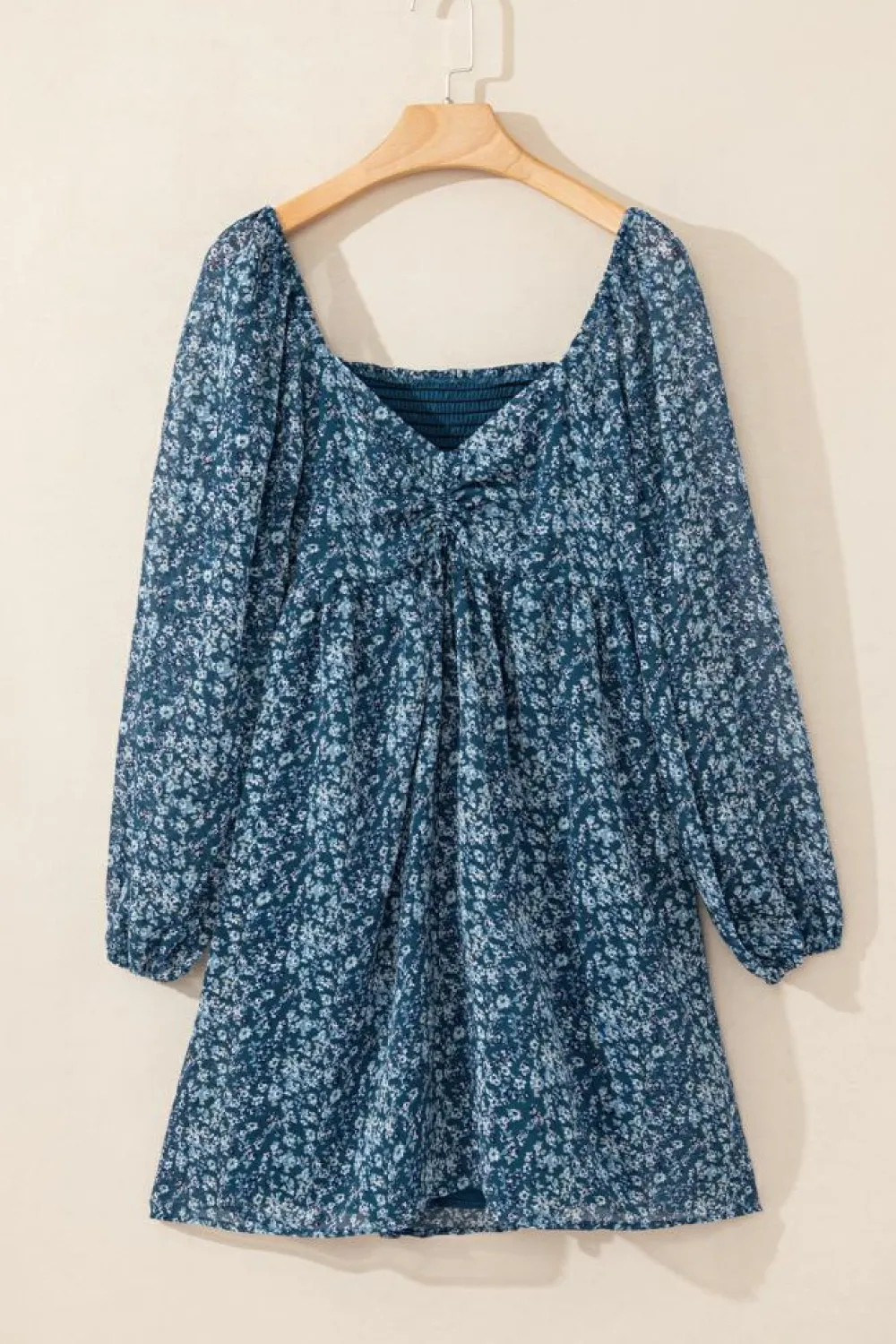 New Dear-Lover Floral Print Sweetheart Neck Shirred Back Mini Dress Blue