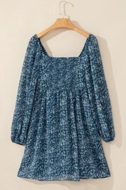New Dear-Lover Floral Print Sweetheart Neck Shirred Back Mini Dress Blue