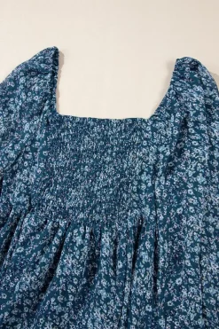 New Dear-Lover Floral Print Sweetheart Neck Shirred Back Mini Dress Blue
