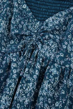New Dear-Lover Floral Print Sweetheart Neck Shirred Back Mini Dress Blue