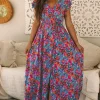 Best Dear-Lover Floral Print V Neck Wrap Split Maxi Dress Blue