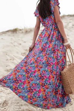 Best Dear-Lover Floral Print V Neck Wrap Split Maxi Dress Blue
