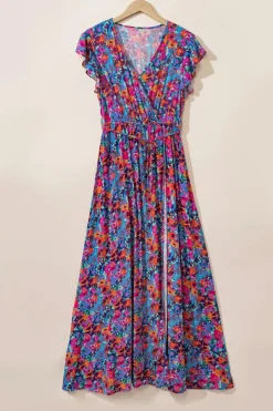 Best Dear-Lover Floral Print V Neck Wrap Split Maxi Dress Blue