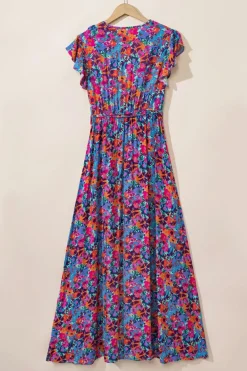 Best Dear-Lover Floral Print V Neck Wrap Split Maxi Dress Blue