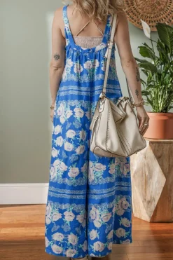 Clearance Dear-Lover Floral Print Wide Leg Sleeveless Jumpsuit Blue