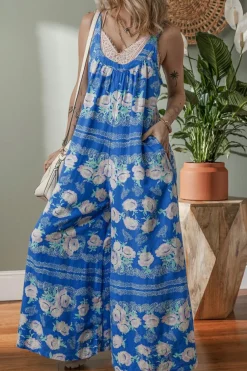 Clearance Dear-Lover Floral Print Wide Leg Sleeveless Jumpsuit Blue