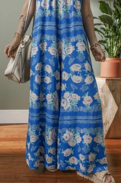 Clearance Dear-Lover Floral Print Wide Leg Sleeveless Jumpsuit Blue