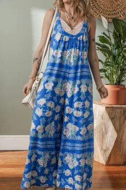 Clearance Dear-Lover Floral Print Wide Leg Sleeveless Jumpsuit Blue