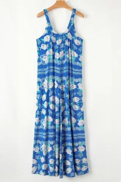 Clearance Dear-Lover Floral Print Wide Leg Sleeveless Jumpsuit Blue