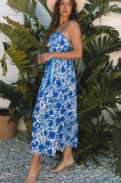 Discount Dear-Lover Floral Printed Spaghetti Strap Maxi Dress with Waist Tie Blue