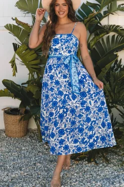 Discount Dear-Lover Floral Printed Spaghetti Strap Maxi Dress with Waist Tie Blue