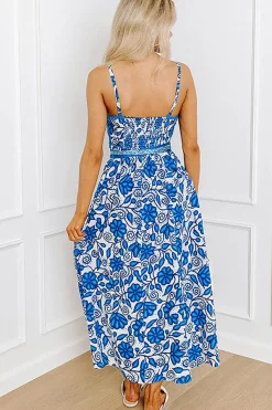 Discount Dear-Lover Floral Printed Spaghetti Strap Maxi Dress with Waist Tie Blue
