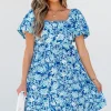 Clearance Dear-Lover Floral Puff Sleeve Babydoll Mini Dress Blue