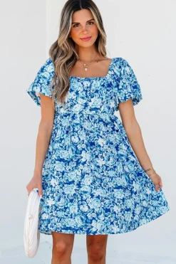 Clearance Dear-Lover Floral Puff Sleeve Babydoll Mini Dress Blue