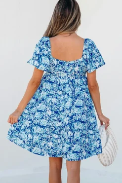 Clearance Dear-Lover Floral Puff Sleeve Babydoll Mini Dress Blue
