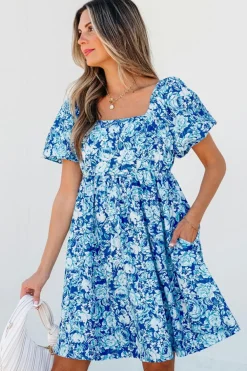 Clearance Dear-Lover Floral Puff Sleeve Babydoll Mini Dress Blue