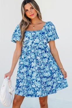 Clearance Dear-Lover Floral Puff Sleeve Babydoll Mini Dress Blue