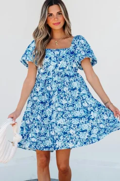 Clearance Dear-Lover Floral Puff Sleeve Babydoll Mini Dress Blue