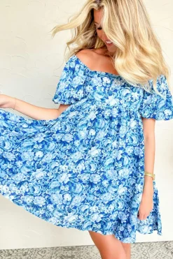 Clearance Dear-Lover Floral Puff Sleeve Babydoll Mini Dress Blue