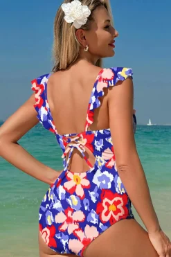 Discount Dear-Lover Floral Ruffle Trim V Neck Lace-up Back Tummy Control One Piece Swimsuit Blue