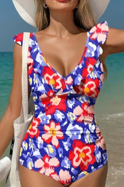 Discount Dear-Lover Floral Ruffle Trim V Neck Lace-up Back Tummy Control One Piece Swimsuit Blue