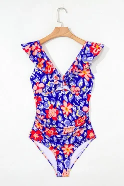 Discount Dear-Lover Floral Ruffle Trim V Neck Lace-up Back Tummy Control One Piece Swimsuit Blue