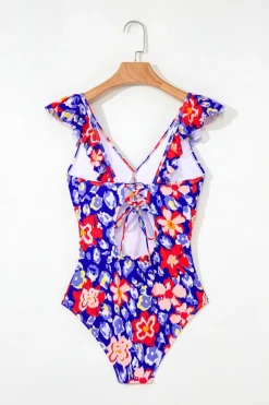 Discount Dear-Lover Floral Ruffle Trim V Neck Lace-up Back Tummy Control One Piece Swimsuit Blue