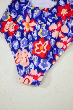 Discount Dear-Lover Floral Ruffle Trim V Neck Lace-up Back Tummy Control One Piece Swimsuit Blue