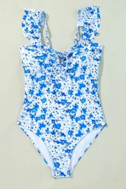 Hot Dear-Lover Floral Ruffled Strap Lace-up Hollow Out One Piece Swimsuit Blue
