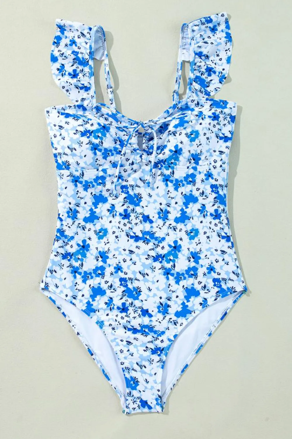 Hot Dear-Lover Floral Ruffled Strap Lace-up Hollow Out One Piece Swimsuit Blue