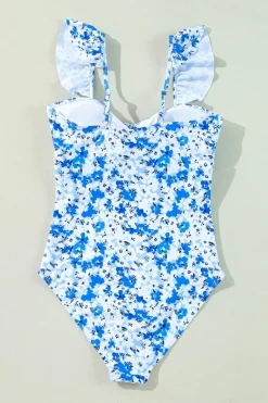Hot Dear-Lover Floral Ruffled Strap Lace-up Hollow Out One Piece Swimsuit Blue