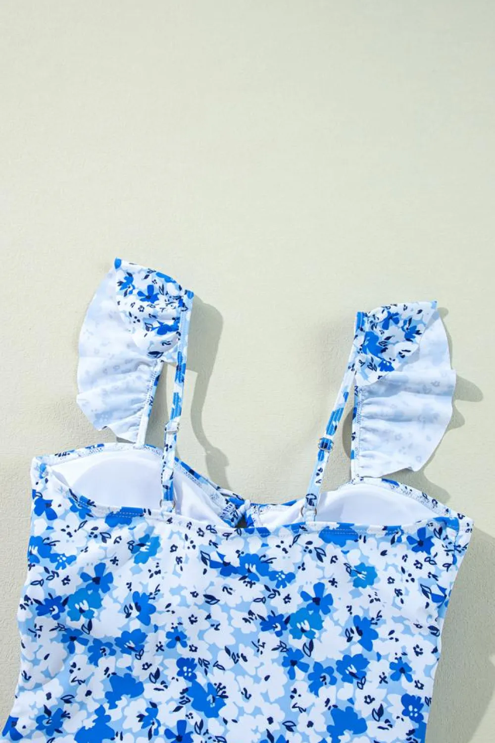 Hot Dear-Lover Floral Ruffled Strap Lace-up Hollow Out One Piece Swimsuit Blue