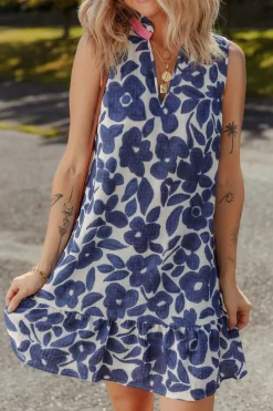 Clearance Dear-Lover Floral Sleeveless Colorblock Notched V Neck Mini Dress Blue