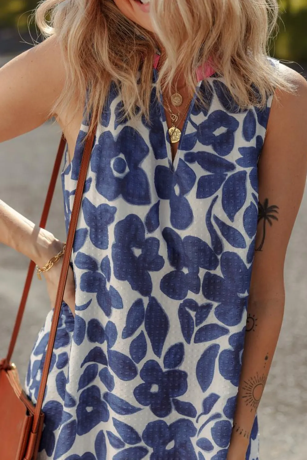 Clearance Dear-Lover Floral Sleeveless Colorblock Notched V Neck Mini Dress Blue