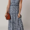 Online Dear-Lover Floral Spaghetti Strap Frilled V Neck Tiered Midi Dress Blue