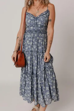Online Dear-Lover Floral Spaghetti Strap Frilled V Neck Tiered Midi Dress Blue