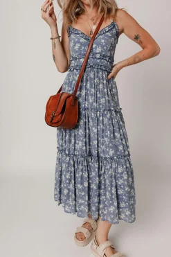 Online Dear-Lover Floral Spaghetti Strap Frilled V Neck Tiered Midi Dress Blue