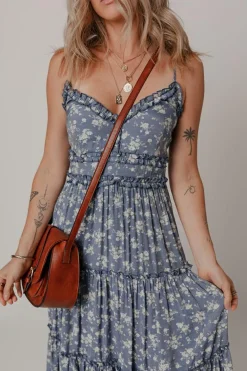 Online Dear-Lover Floral Spaghetti Strap Frilled V Neck Tiered Midi Dress Blue