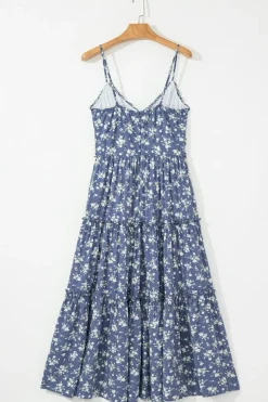Online Dear-Lover Floral Spaghetti Strap Frilled V Neck Tiered Midi Dress Blue